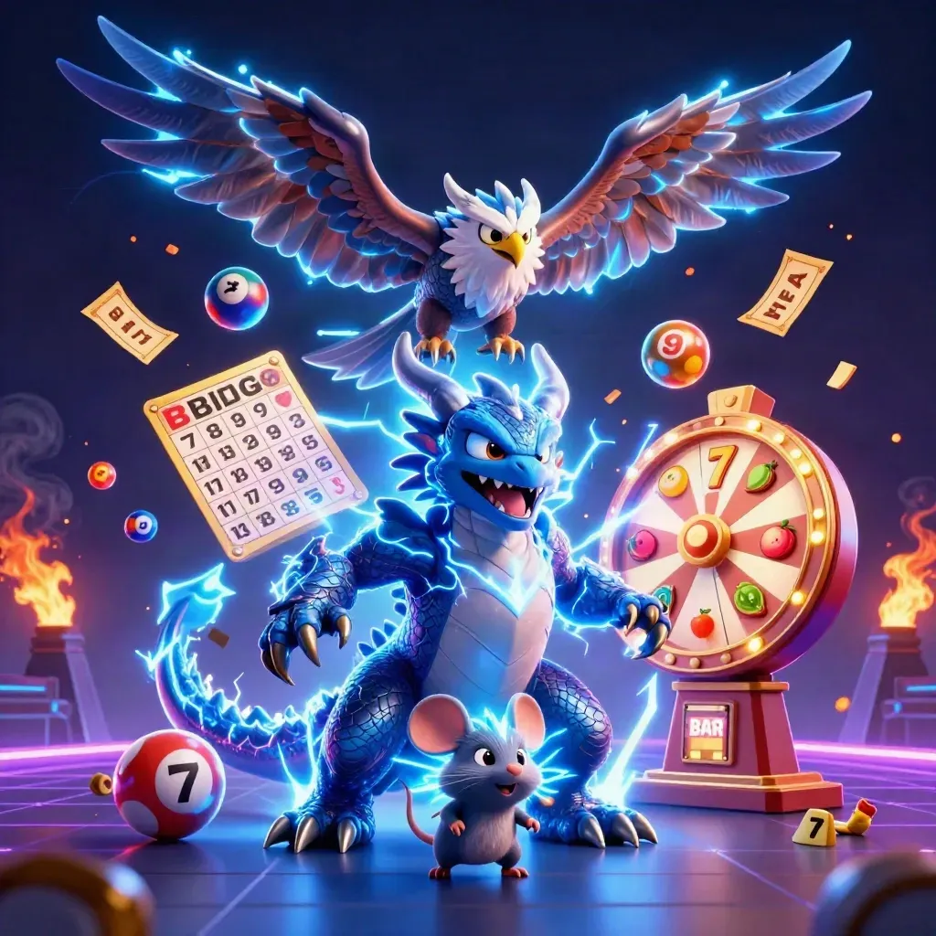 Thunder dragon, glowing hawk and static mouse amid casino props on a neon blue grid