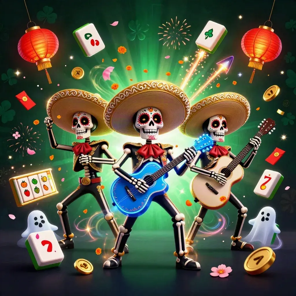 Skeleton mariachi trio amid casino props, fireworks, and electric blue glow