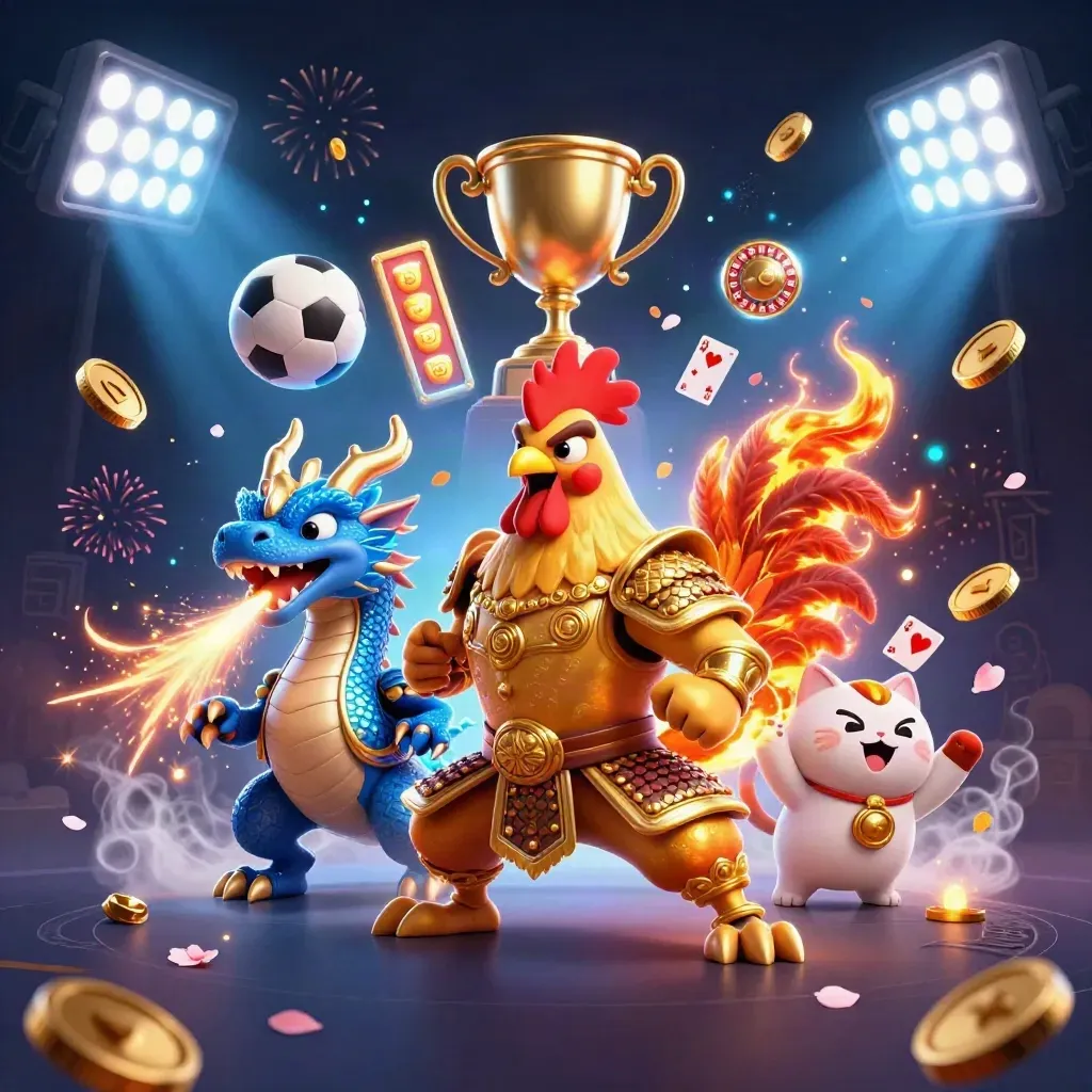 Rooster warrior, dragon hatchling, and fortune-cat amid casino loot, balls, coins, and fireworks.