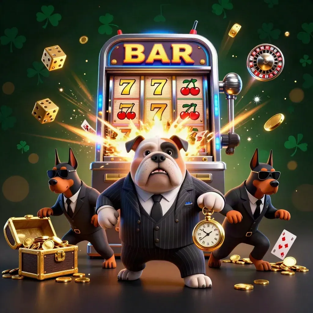 Bulldog boss with Doberman guards amid exploding slot machine, gold coins, cards, and treasure chest.
