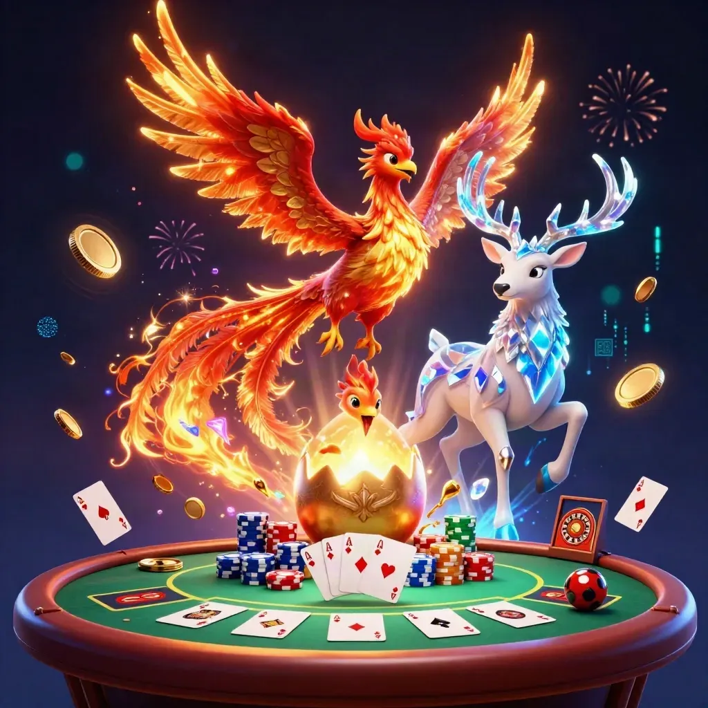 Phoenixes and a crystal stag erupt from a vault amid chips, coins, cards and blue sparks.