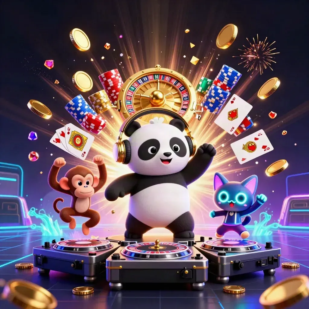 DJ panda, breakdancing monkey, and glow-stick kitten amid casino treasure and neon glow.