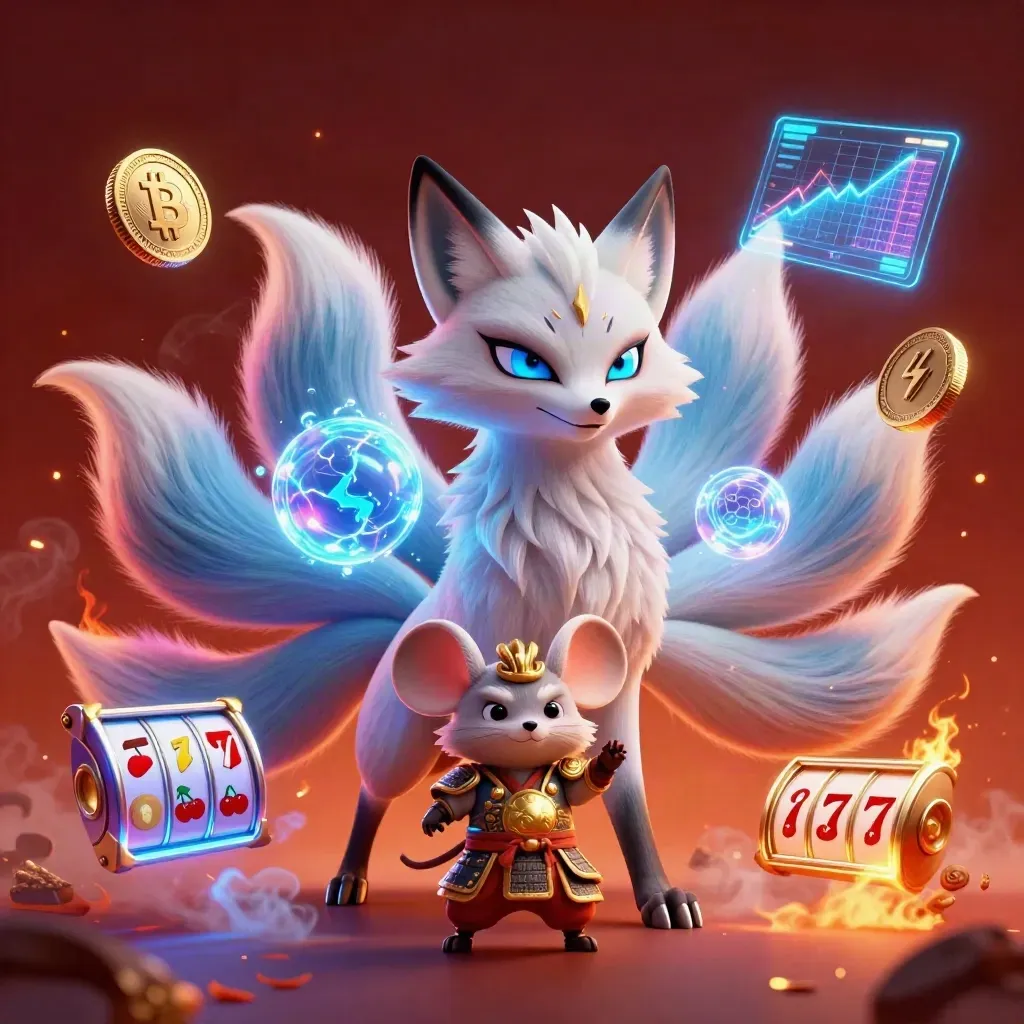 Nine-tailed fox spirit and samurai mouse amid neon coins, reels, and fiery casino energy