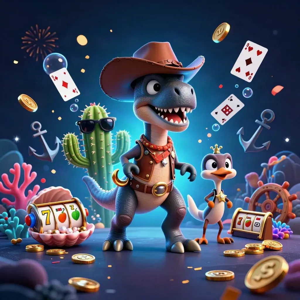 Cowboy T-Rex, cactus sidekick, and roadrunner amid casino treasure cove effects.