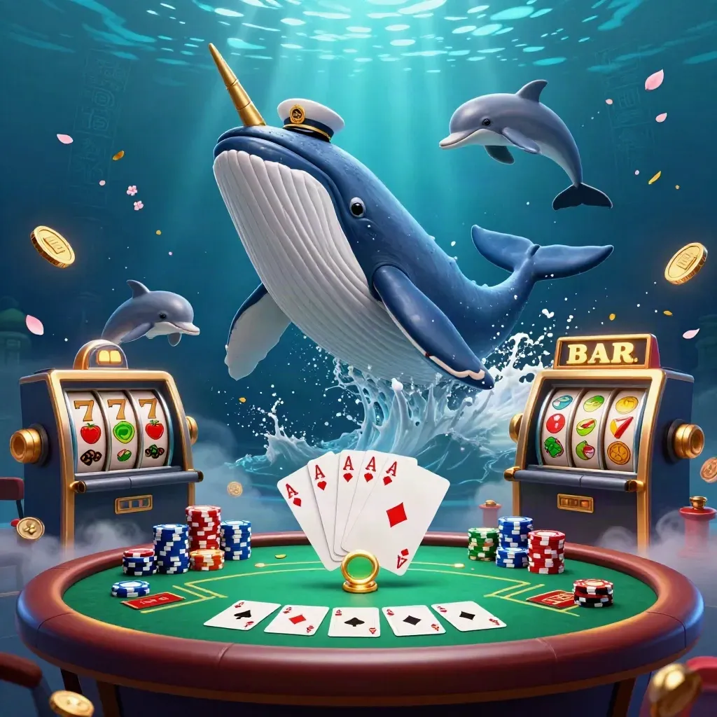 Whale captain, narwhal, and dolphins burst through coins in a neon casino sea.