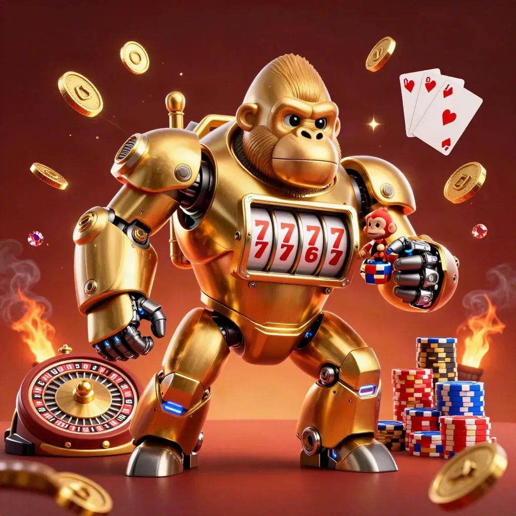 Golden gorilla mech with monkey pilot, coins, chips, and roulette wheel on a fiery dark backdrop