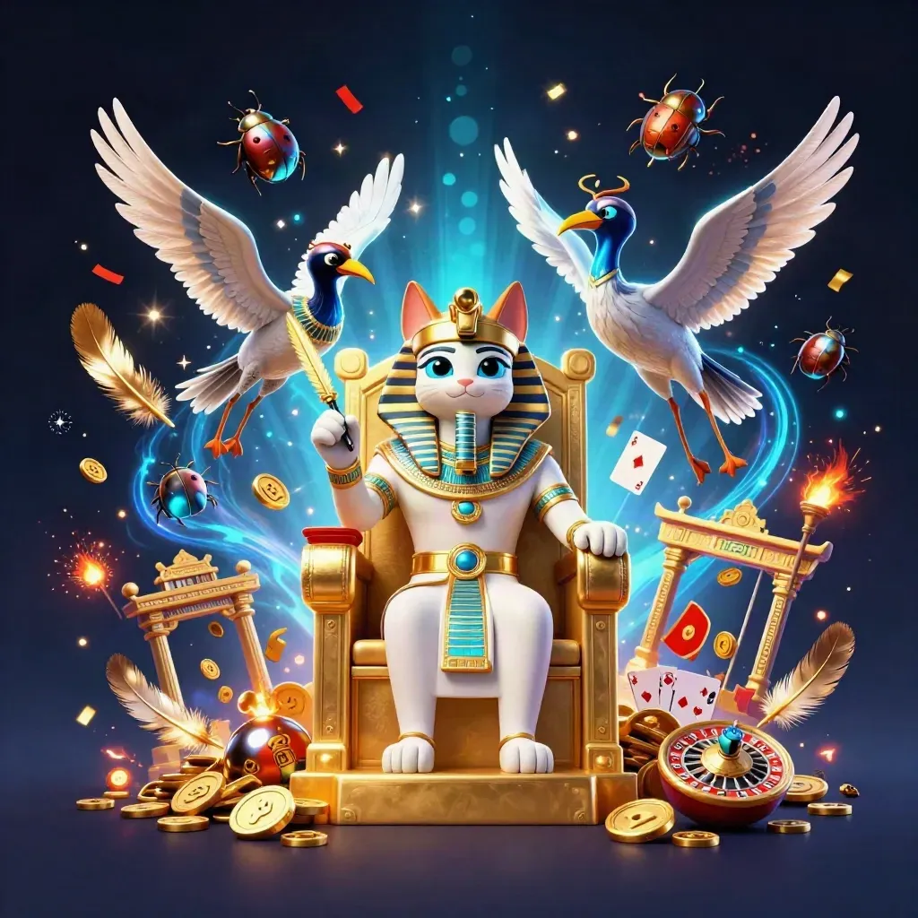 Pharaoh cat on golden throne with ibis scribe and jeweled scarabs, casino fantasy key art.