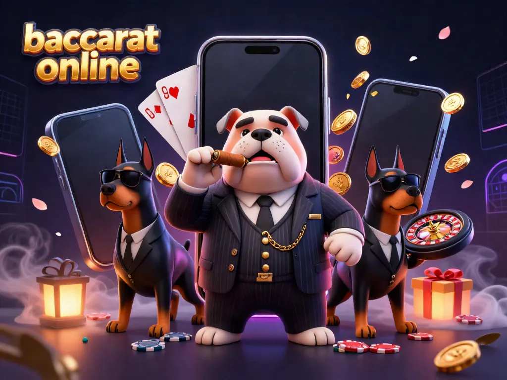 Baccarat online illustration featuring a mafia bulldog and Doberman guards surrounded by gaming elements