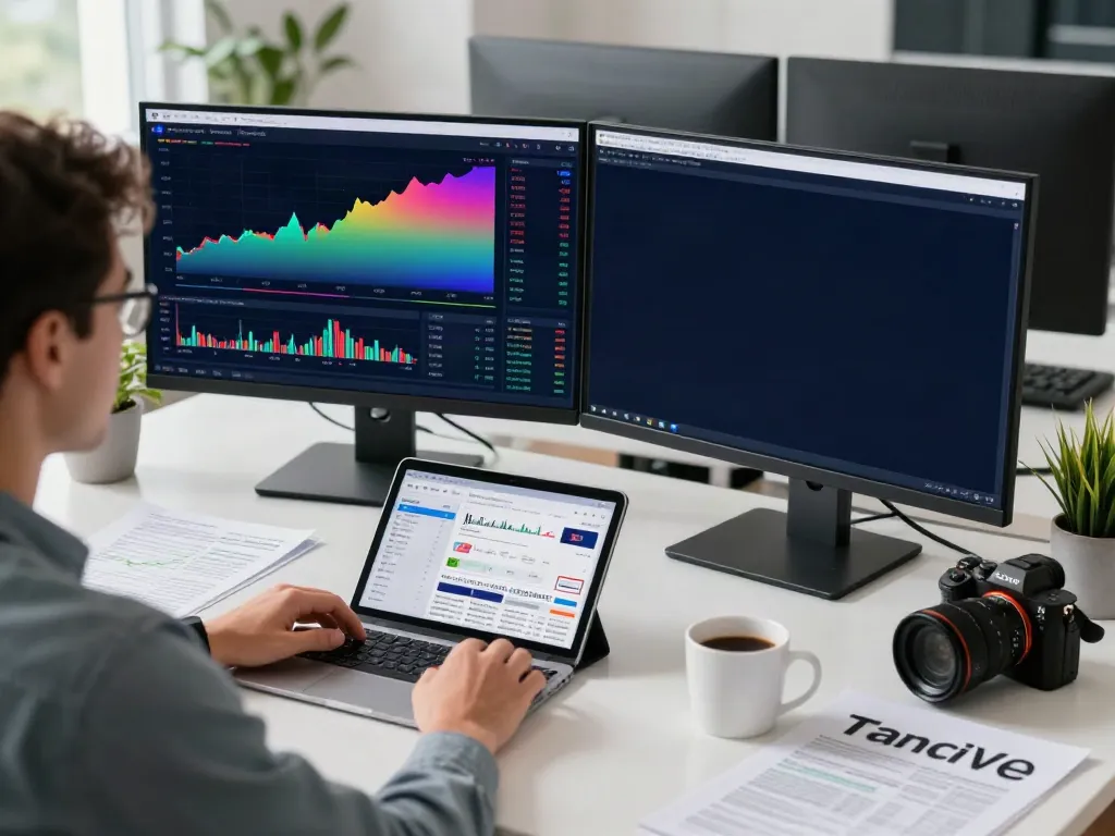 Engaged user analyzing financial data on TradingView官网 in a bright modern workspace.