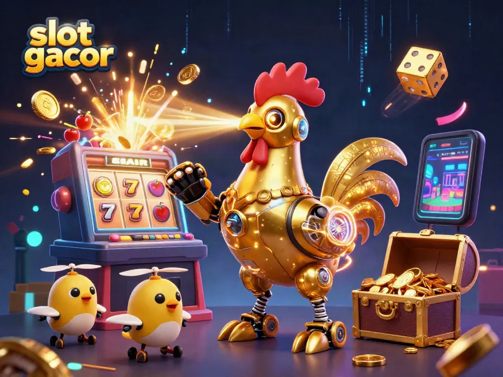 Slot gacor penuh warna dalam ilustrasi 3D yang menggambarkan mesin slot megah dengan koin dan cahaya menawan.