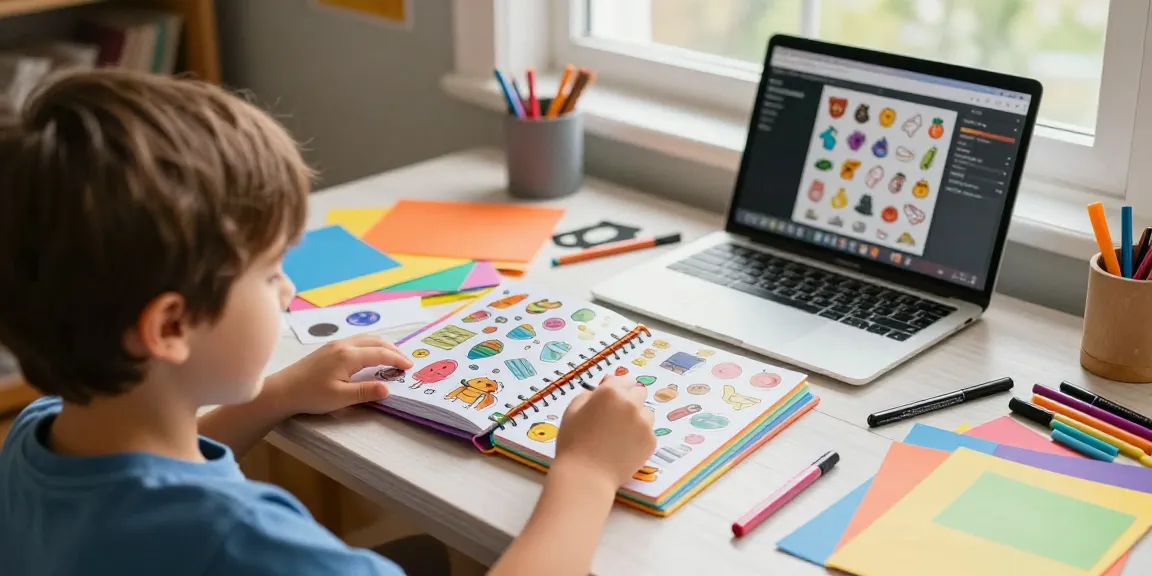 A child joyfully engaging with a reusable sticker book, surrounded by vibrant stickers and crafting tools, evoking creativity and fun.