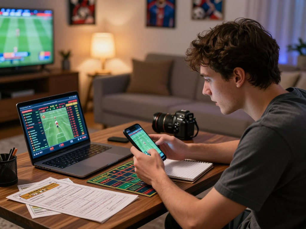 Excited gambler placing bets with rokok88 daftar on a smartphone during a live sports event, surrounded by betting slips and strategy notes.