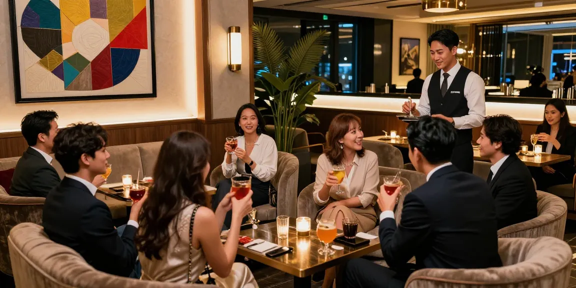 강남 블렌딩의 고급스러운 환경에서 음료를 즐기는 고객들