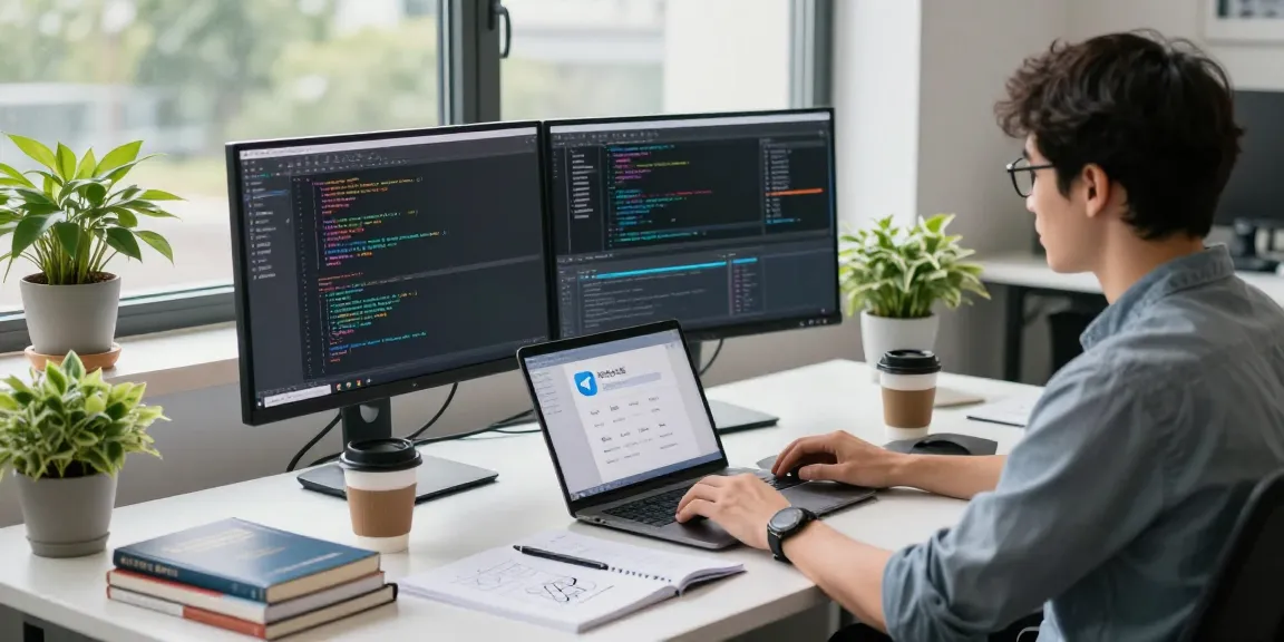 Engaged software developer coding on dual monitors featuring 纸飞机中文版 in a modern tech workspace.