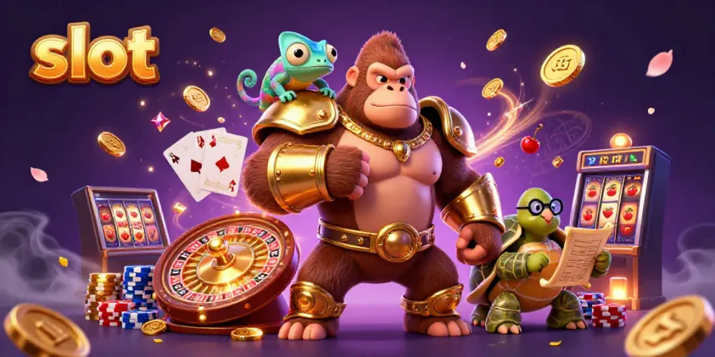 Engaging 3D illustration showing a gorilla king, chameleon, and tortoise amidst dynamic slot elements.