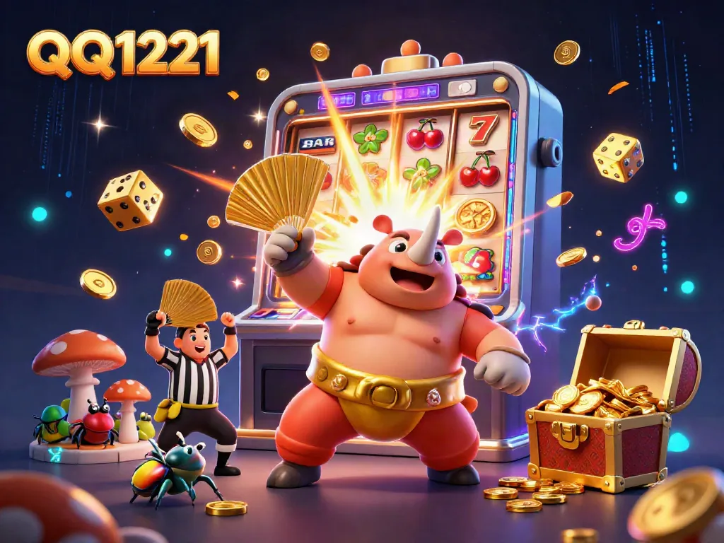 Engage with QQ1221 through thrilling slots and dynamic gaming experiences in this vibrant illustration.