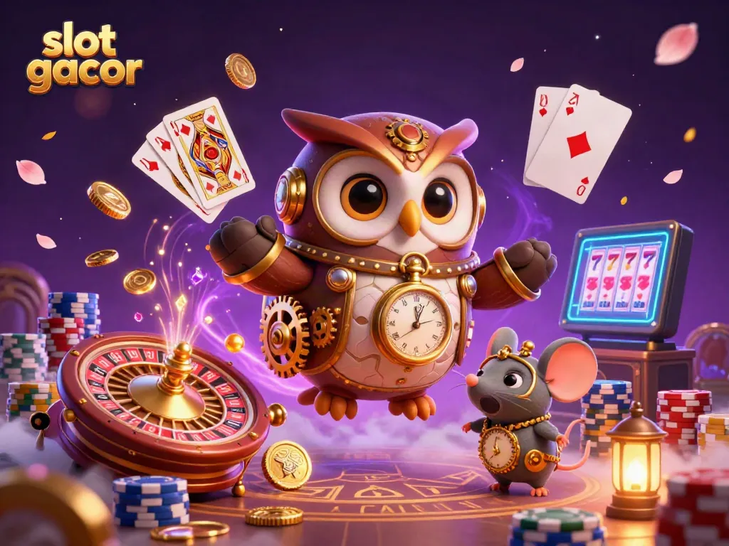 Spin to victory in the slot gacor with dynamic coins, colorful poker chips, and steampunk characters.
