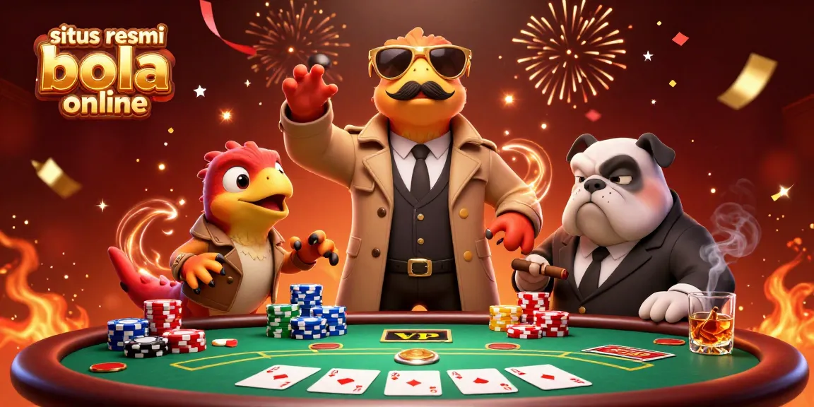 Bet on situs resmi bola online with three raptors in disguise at a vibrant casino scene, complete with poker elements.