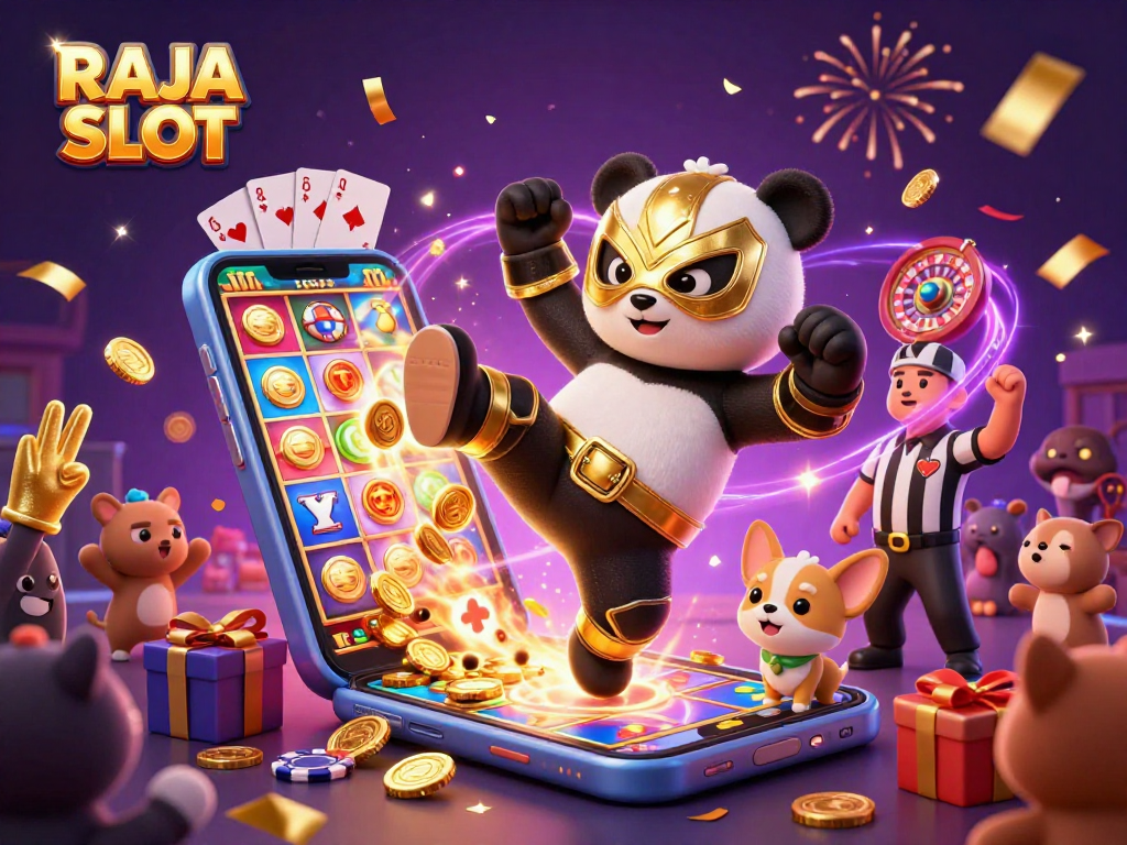Melihat RAJA SLOT saat panda pegulat terbang, sambil huru-hara hewan kecil merayakan kemenangan di kasino.