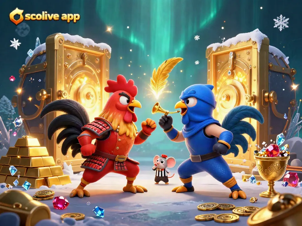 Experience the thrill of the socolive app with twin roosters in combat over treasure in vibrant casino style.