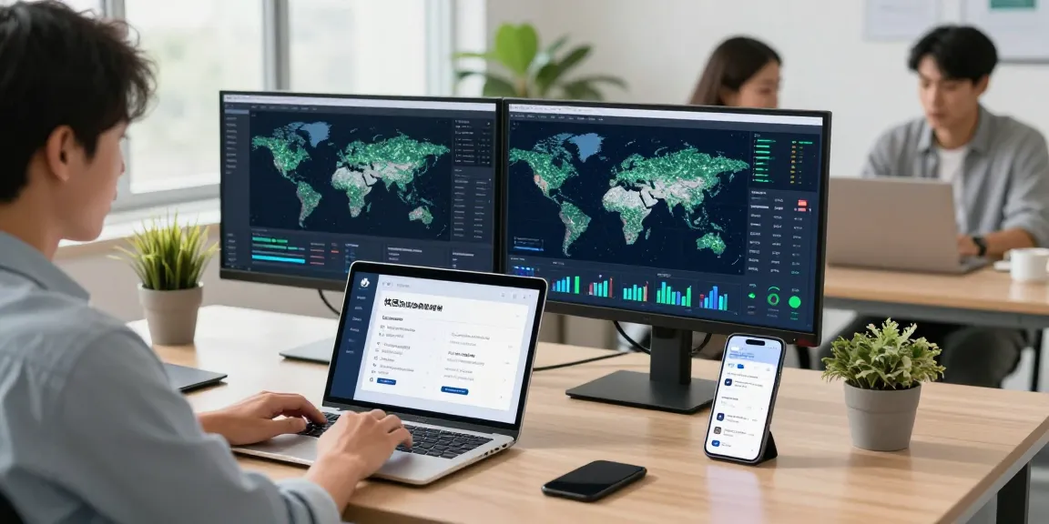快连 network acceleration application being used on a laptop in a modern tech workspace