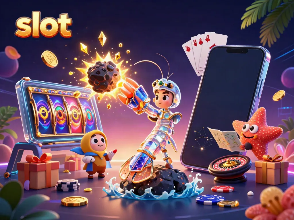 Slot mesin dengan galactic mantis shrimp yang sedang menyerang asteroid, dikelilingi koin emas.