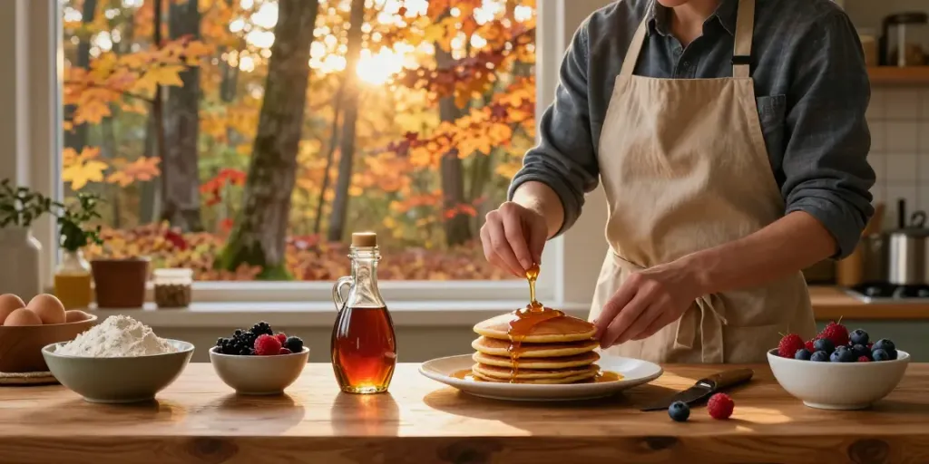 Delicious Maplelixir-infused pancakes being prepared in a cozy kitchen with fresh ingredients.