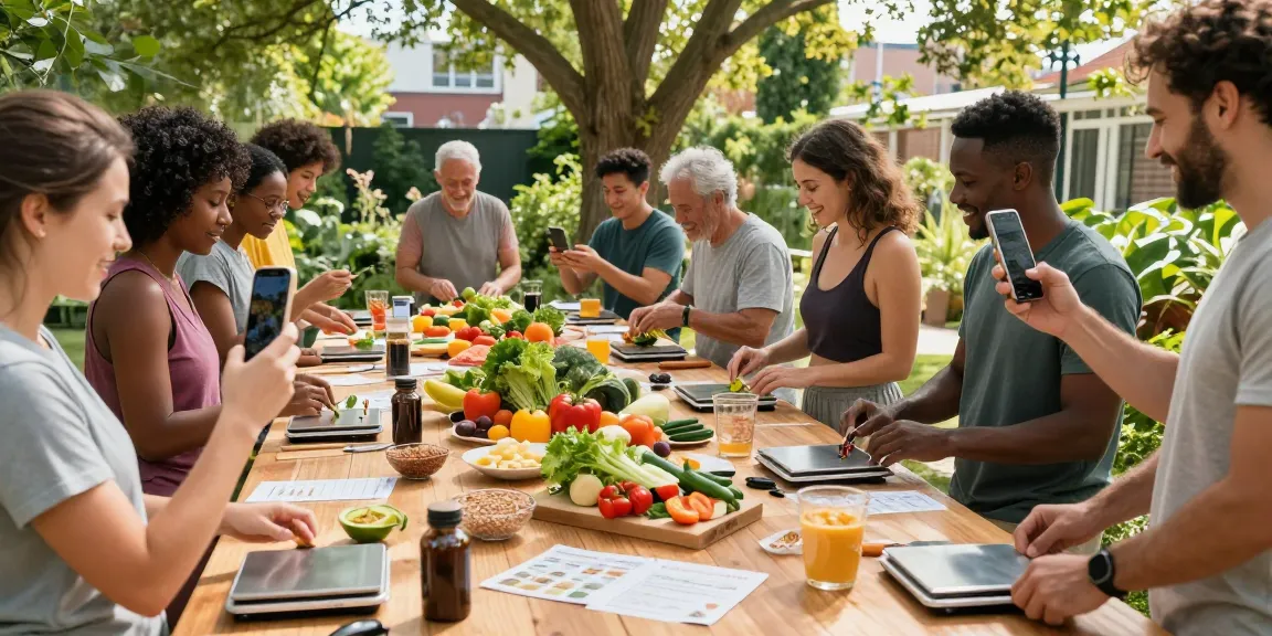 Participants in a cooking class preparing healthy meals with best calorie tracking apps in use, showcasing fresh ingredients and community spirit.