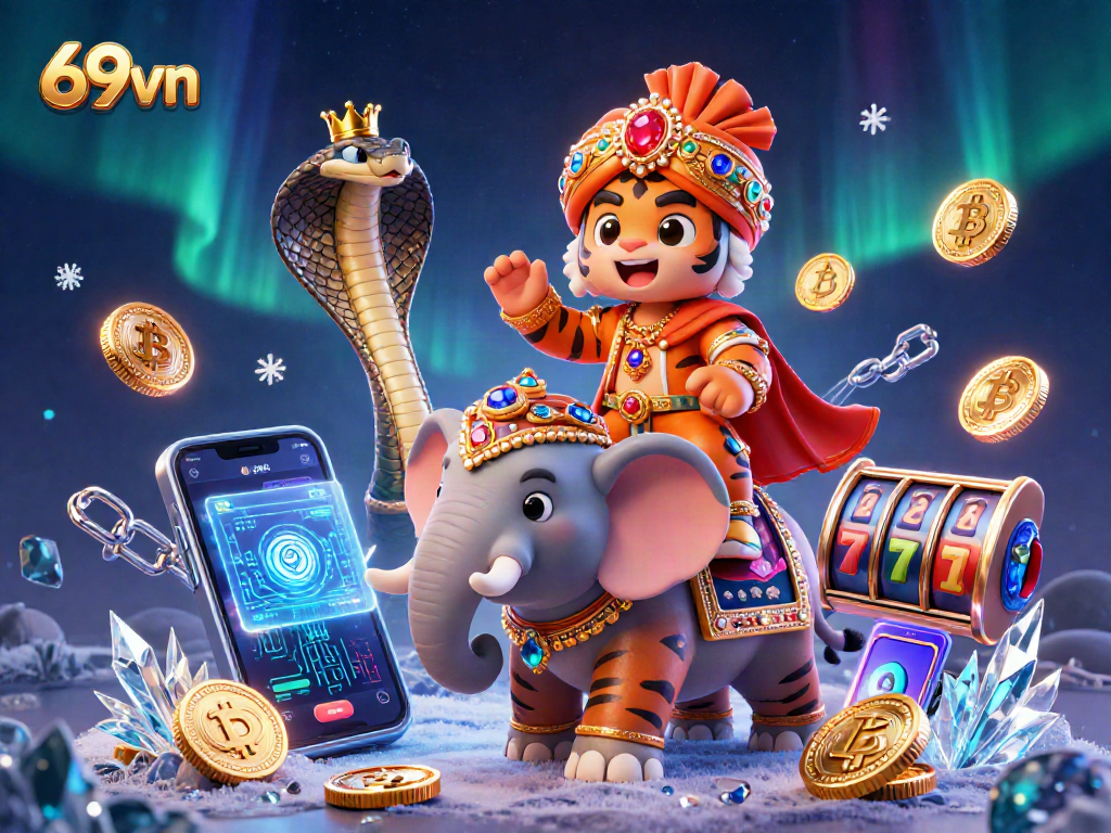 Engage with thrills at 69vn casino, featuring vibrant slot reels and a valuable elephant.