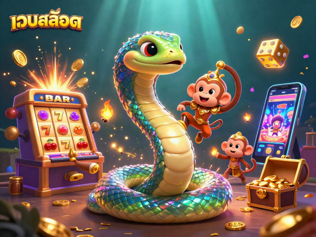 Experience เว็บสล็อต excitement with a vibrant 3D scene showcasing a jackpot explosion and magical characters.