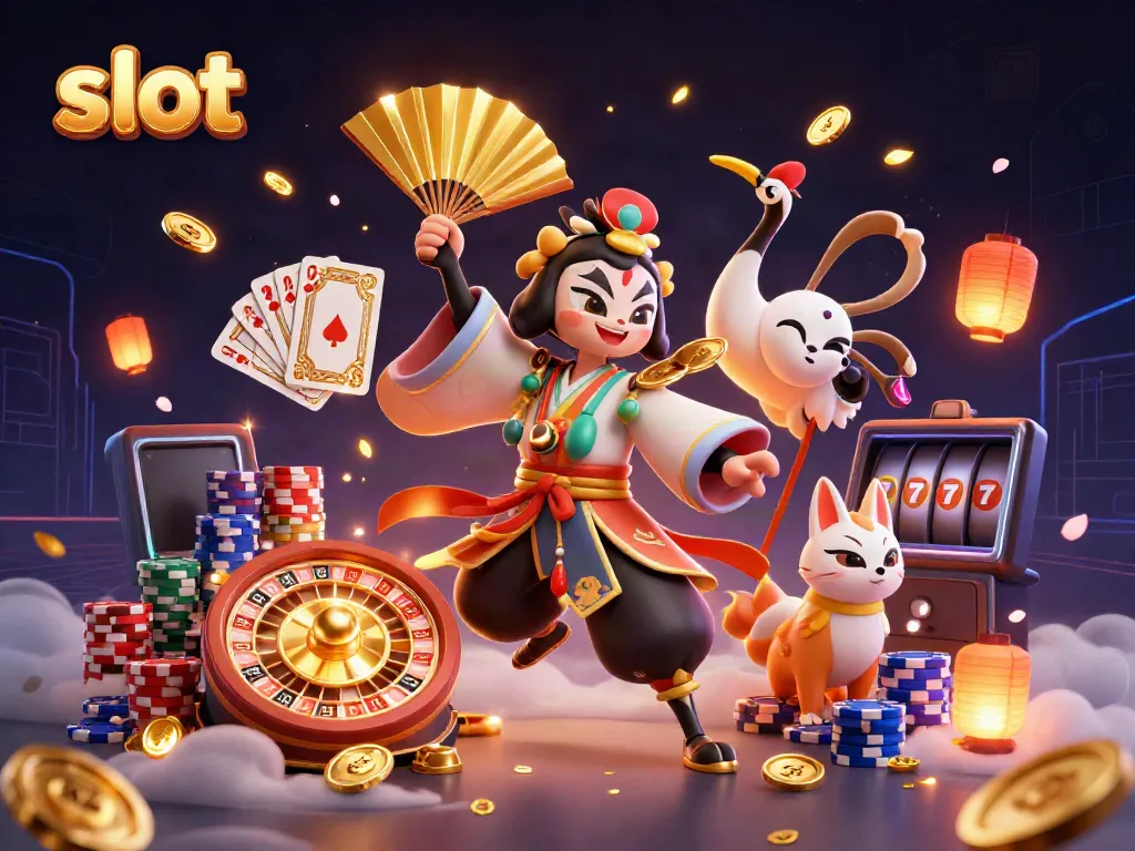 Experience thrilling slot adventures with a kabuki warrior and kitsune in a vibrant casino setting.