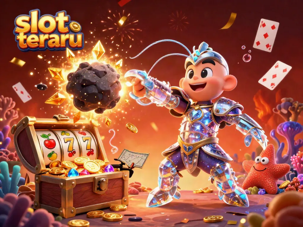 Menggambarkan pengalaman slot terbaru dengan karakter samurai udang galaksi, ledakan koin emas, dan simbol buah.