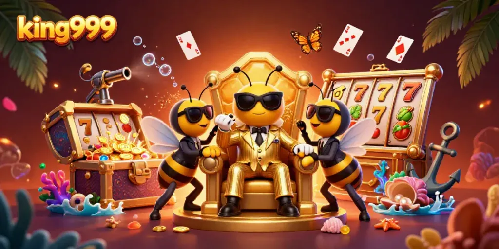 Gambarkan king999 yang menarik dengan boss lebah dan elemen perjudian yang kaya.