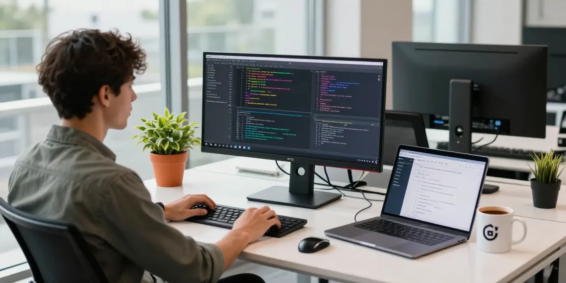 Dynamic workspace showcasing software development at teiegramin.com with modern tech setups.