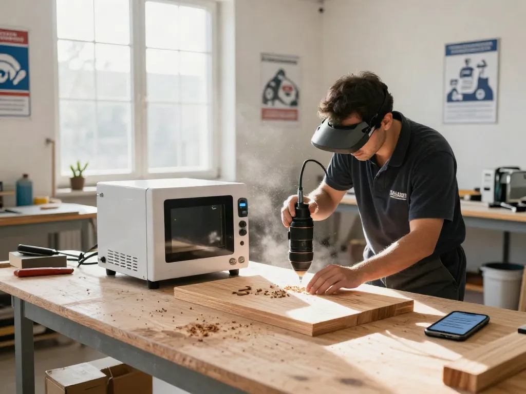 Technician using SHASHEL® microwave equipment for fast woodworm elimination in a workshop.