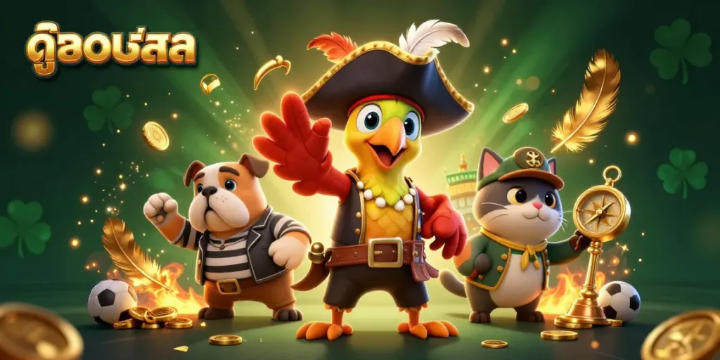 Watch live sports on ดูบอลสด with a vibrant array of gaming elements and animated characters.