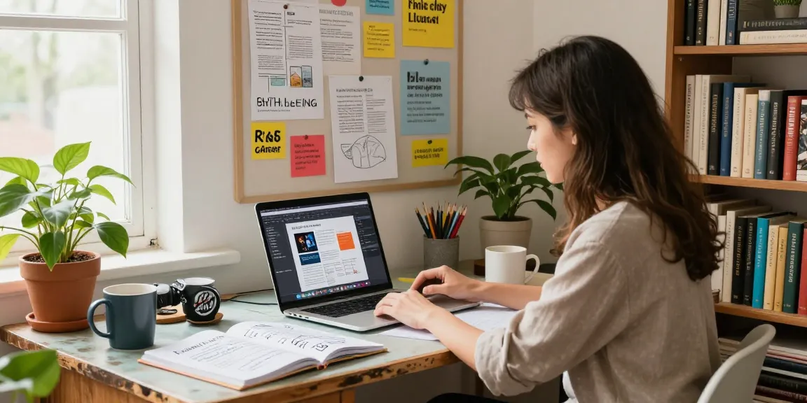 Writer in a cozy blog studio, creating engaging content to read more here with inspiring surroundings.