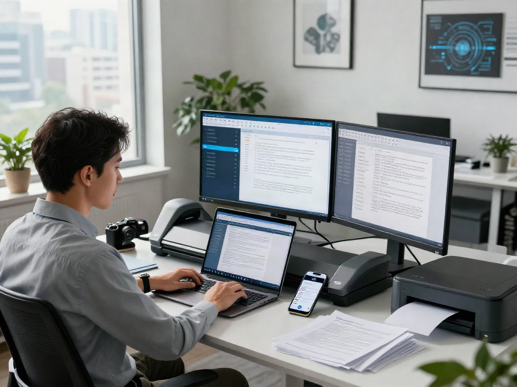 IT specialist analyzing document fraud detection processes in a modern office.