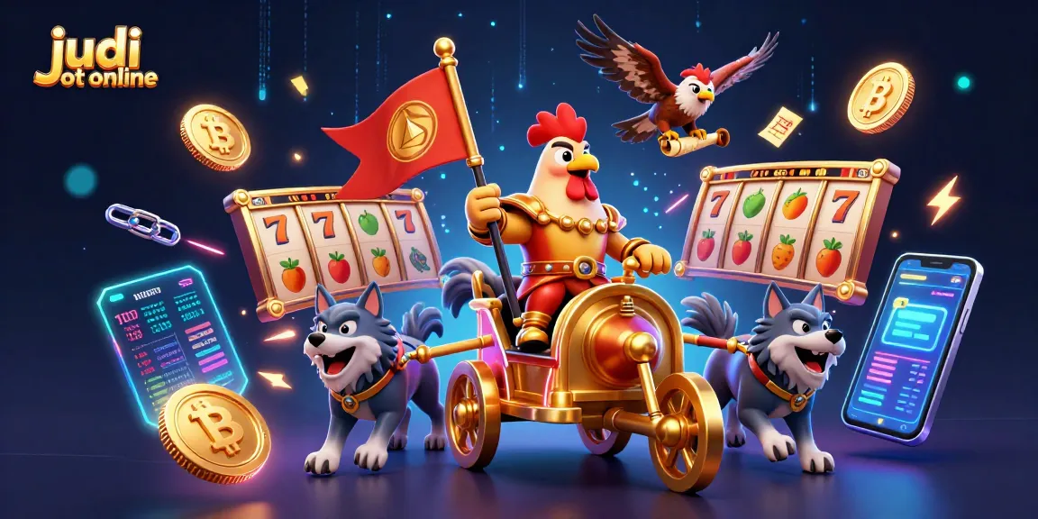 Engage in judi slot online with a dynamic scene featuring a rooster warlord and visual elements like slot reels and cryptocurrency.