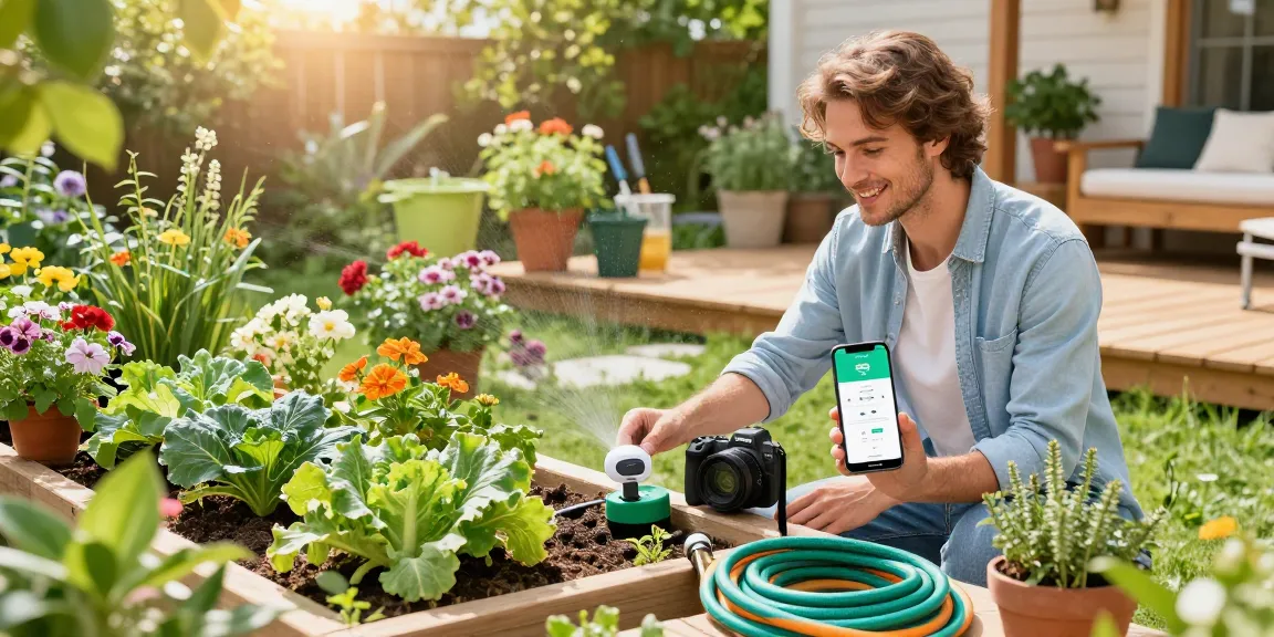 Homeowner using the rainpoint wifi water timer in a vibrant garden.