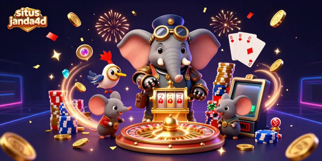 Slot online situs janda4d dengan karakter steampunk dan elemen permainan kasino yang menarik.