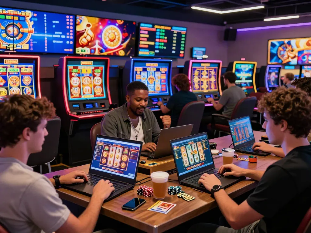 Exciting scene of players engaged in slot online games with colorful machines, fun atmosphere, and strategic gaming.