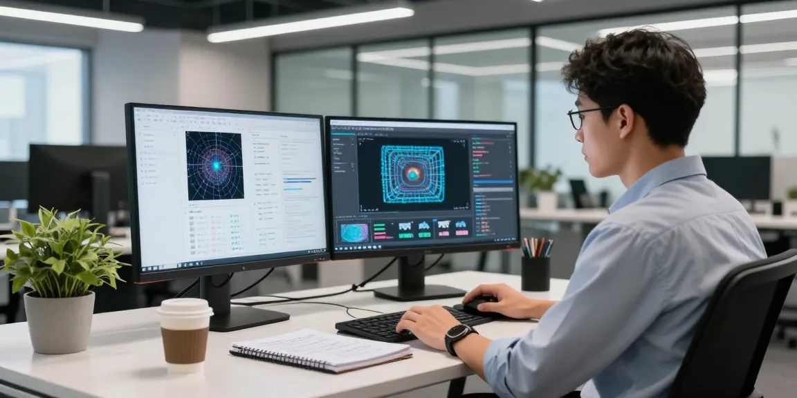 Data scientist using ai image detector in a modern tech workspace filled with dual monitors and research notes.