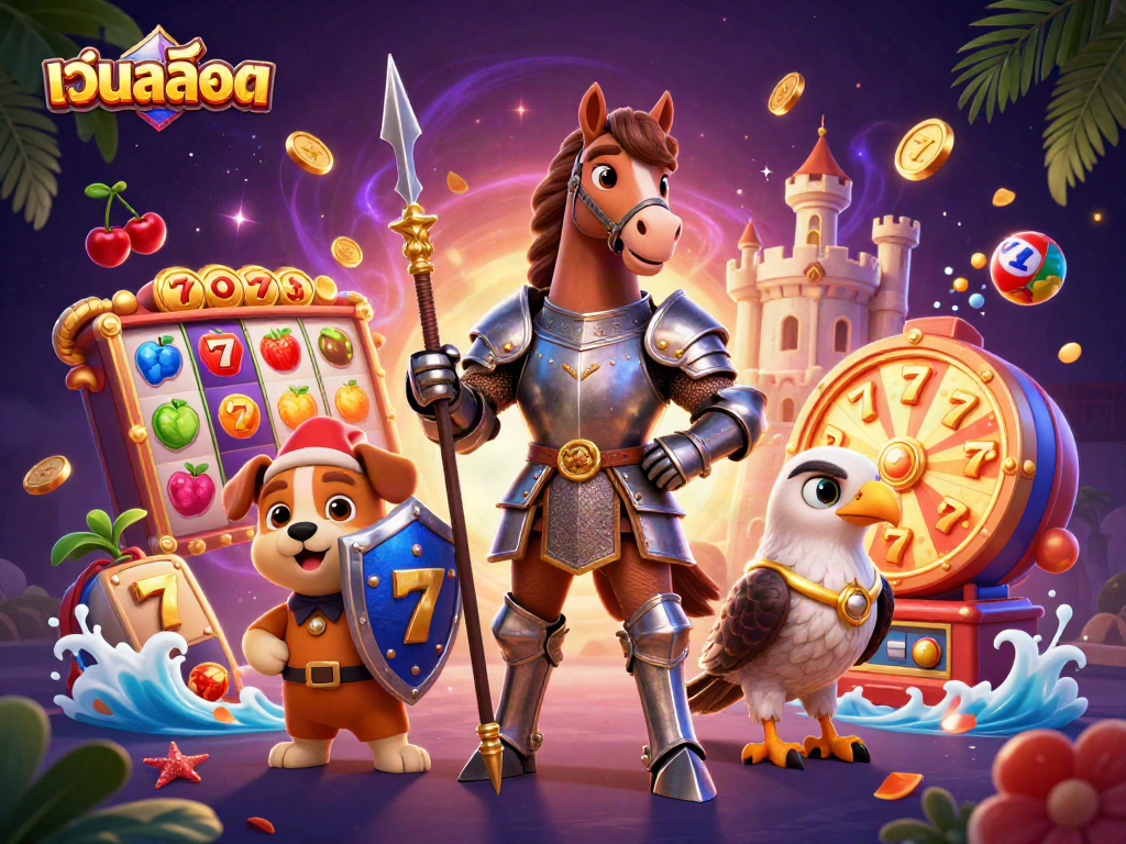 Engage in thrilling เว็บสล็อต experiences with a knight and puppy amidst colorful casino elements.