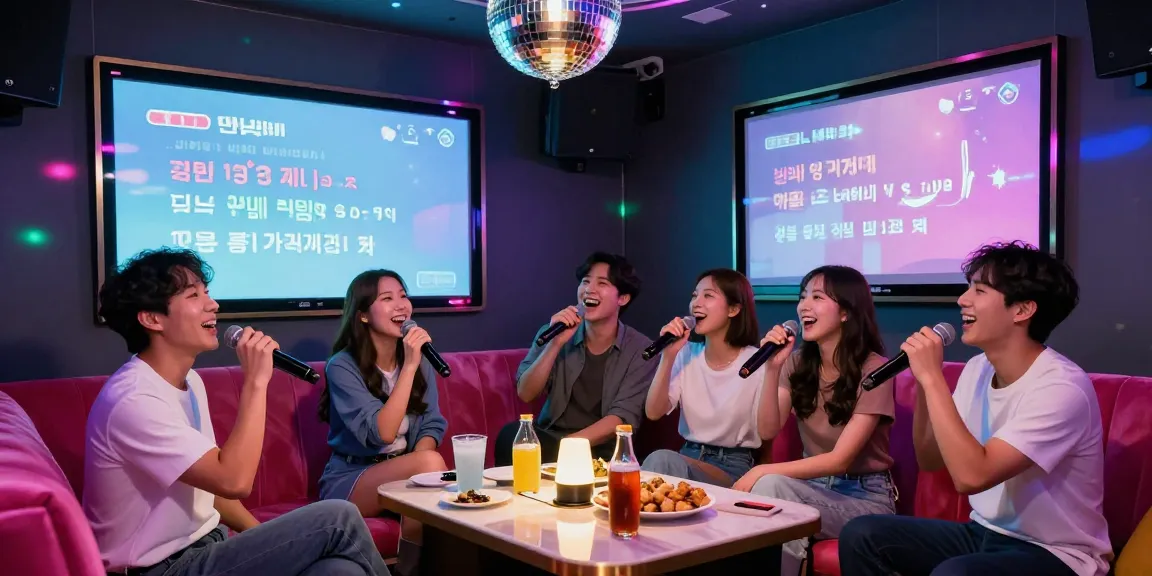 A lively group of friends singing at a 강남노래방, showcasing a vibrant karaoke atmosphere with colorful lights and joyful engagement.