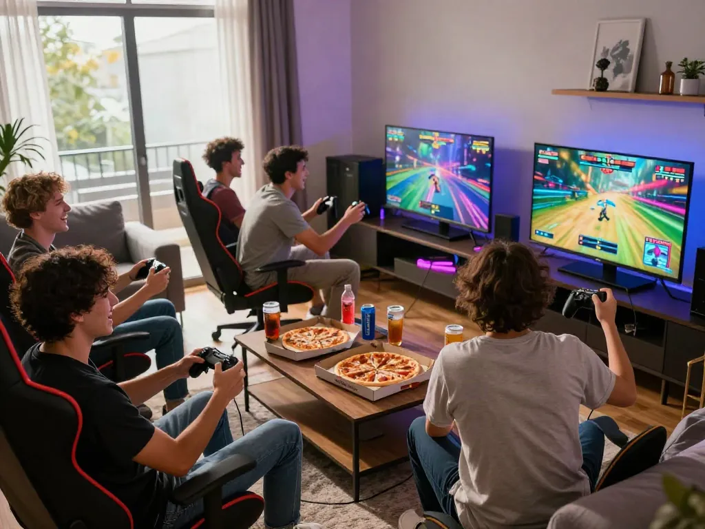 Exciting multiplayer gaming session at home with friends enjoying rokok88 resmi experience in a lively and cozy atmosphere.