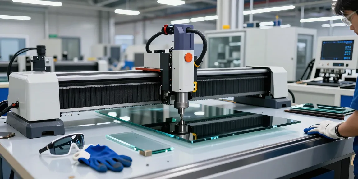CNC glass cutting machine in action, showcasing precision cutting of glass sheets in an industrial workshop