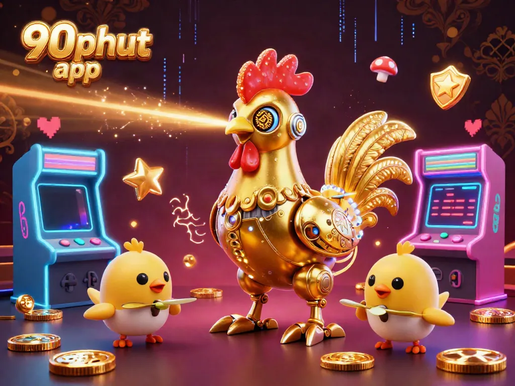 Experience the excitement of the 90phut app with a golden rooster robot and baby chick drones in a vibrant gaming scene.