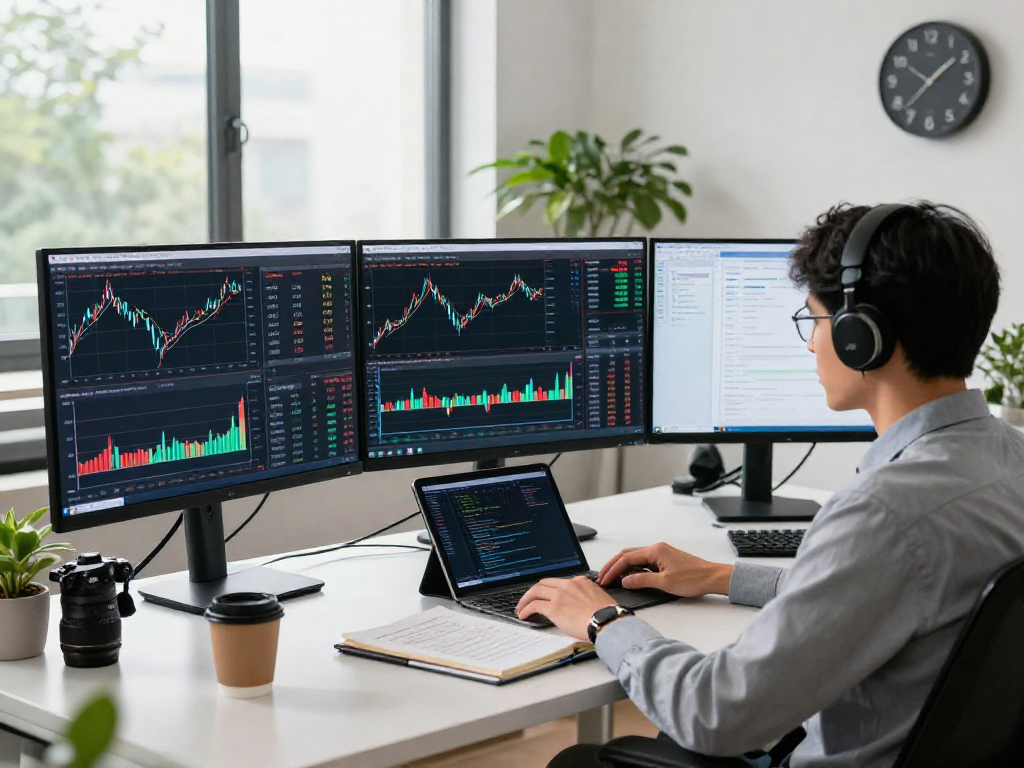 Developer in a professional workspace analyzing SGX individual ticker quote API data on multiple screens.