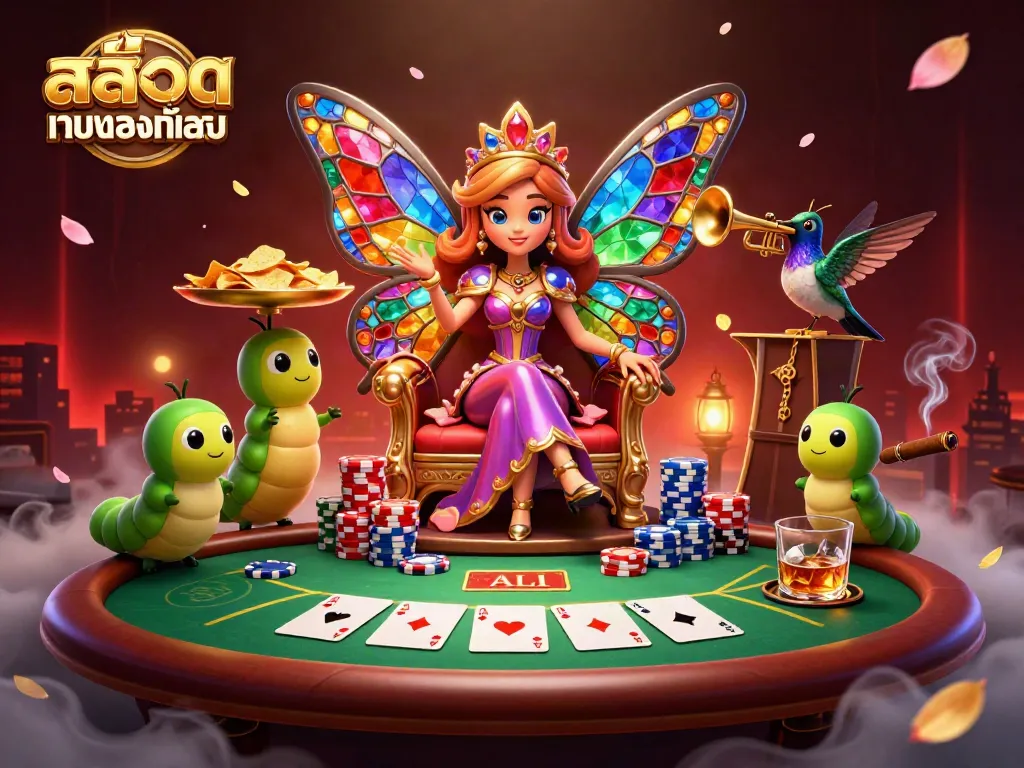 Win big with สล็อตเว็บตรงทั้งหมด, featuring a majestic butterfly queen in a vibrant casino setting.
